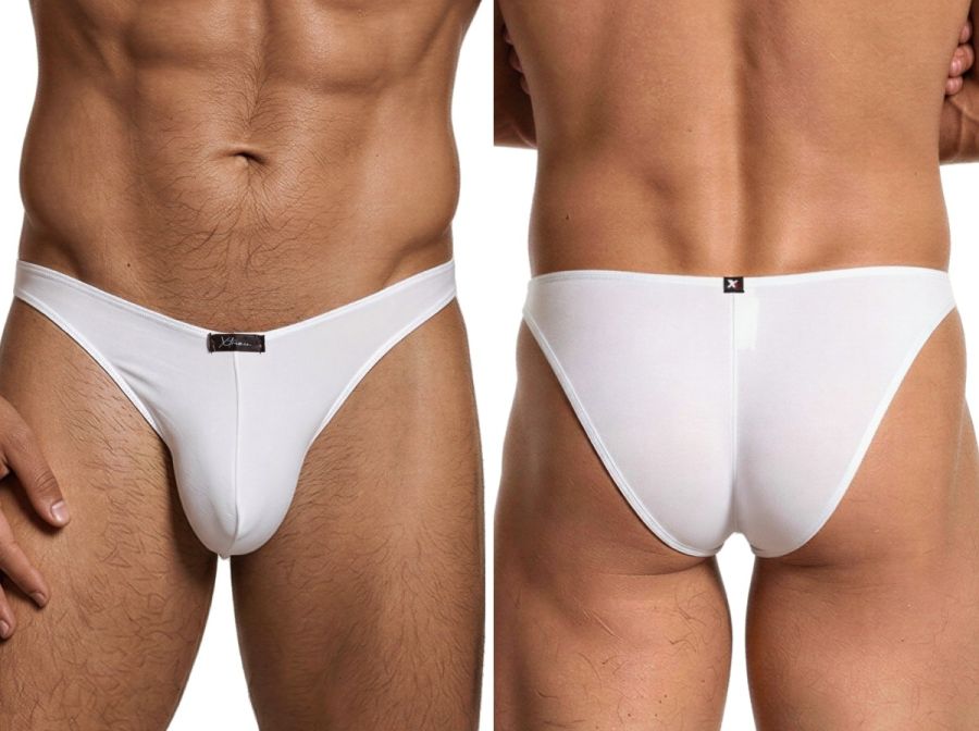 Xtremen white bikini brief. Smooth microfibre fabric with front and back logo branding. Front and rear view.
