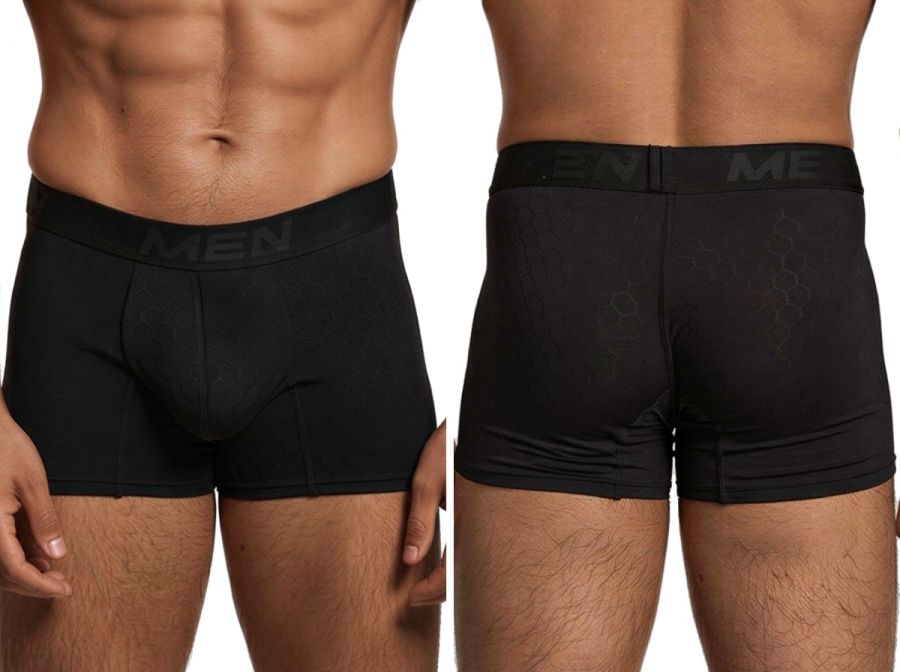 Xtremen men's black boxer trunks with honeycomb print and branded elastic waistband. Front and back view.