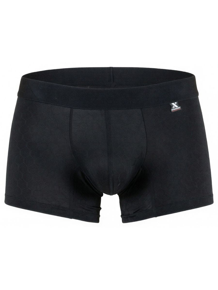 Xtremen men's black trunk with subtle honeycomb pattern. Comfortable elastic waistband with logo patch.