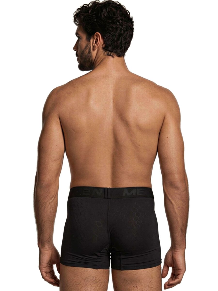 Xtremen black boxer briefs with a subtle honeycomb pattern and branded waistband. Back view of a male model.