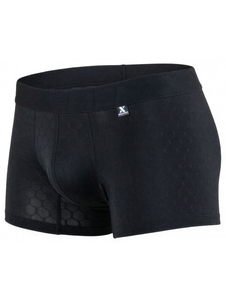 Xtremen black honeycomb boxer trunks with X logo tag on waistband. Textured fabric finish.