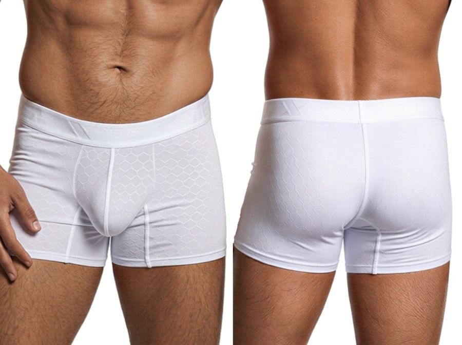 Xtremen white boxer briefs with textured geometric pattern. Front and back view of the fitted style.