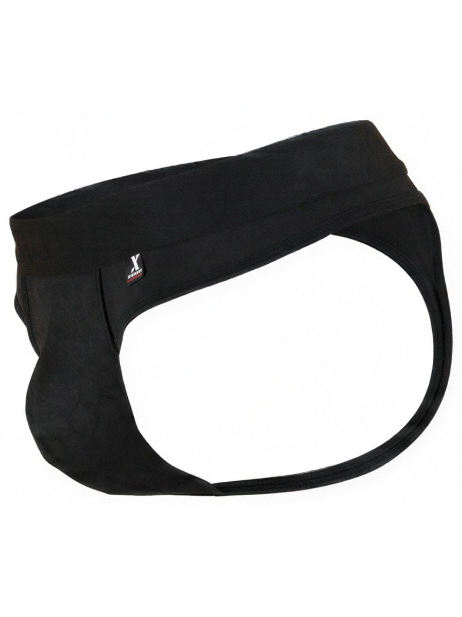 Xtremen black microfibre jockstrap with wide elasticated waistband and branded tab.