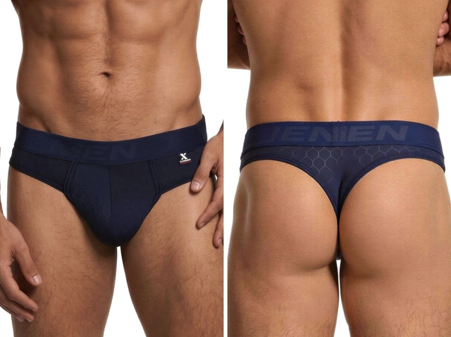 Xtremen navy blue honeycomb thong with logo waistband, front and back view.