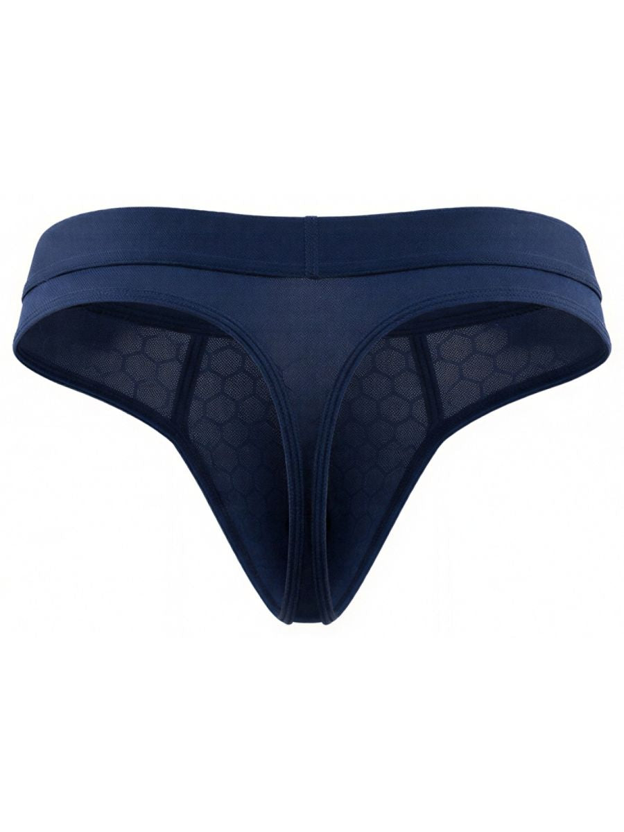 Xtremen navy blue thong featuring a honeycomb mesh fabric texture.