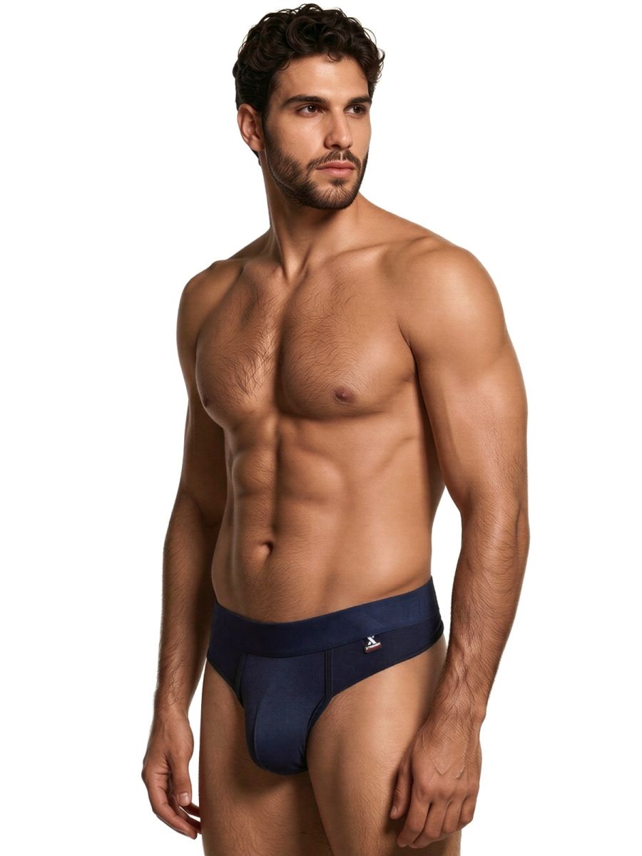 Xtremen Navy blue thong, style 95080. Smooth fabric with supportive pouch and branded waistband.