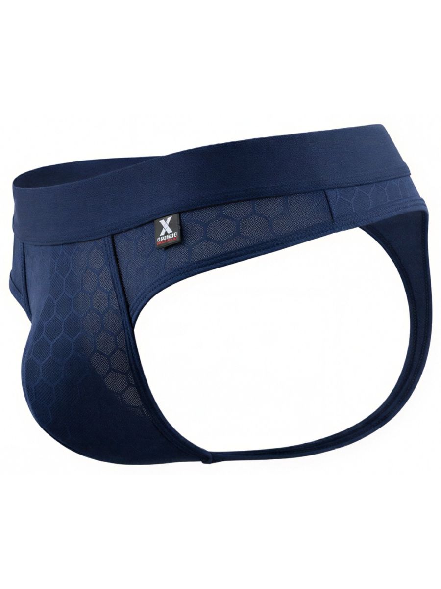 Xtremen navy mesh jockstrap with honeycomb texture and branded waistband. Model 95536.