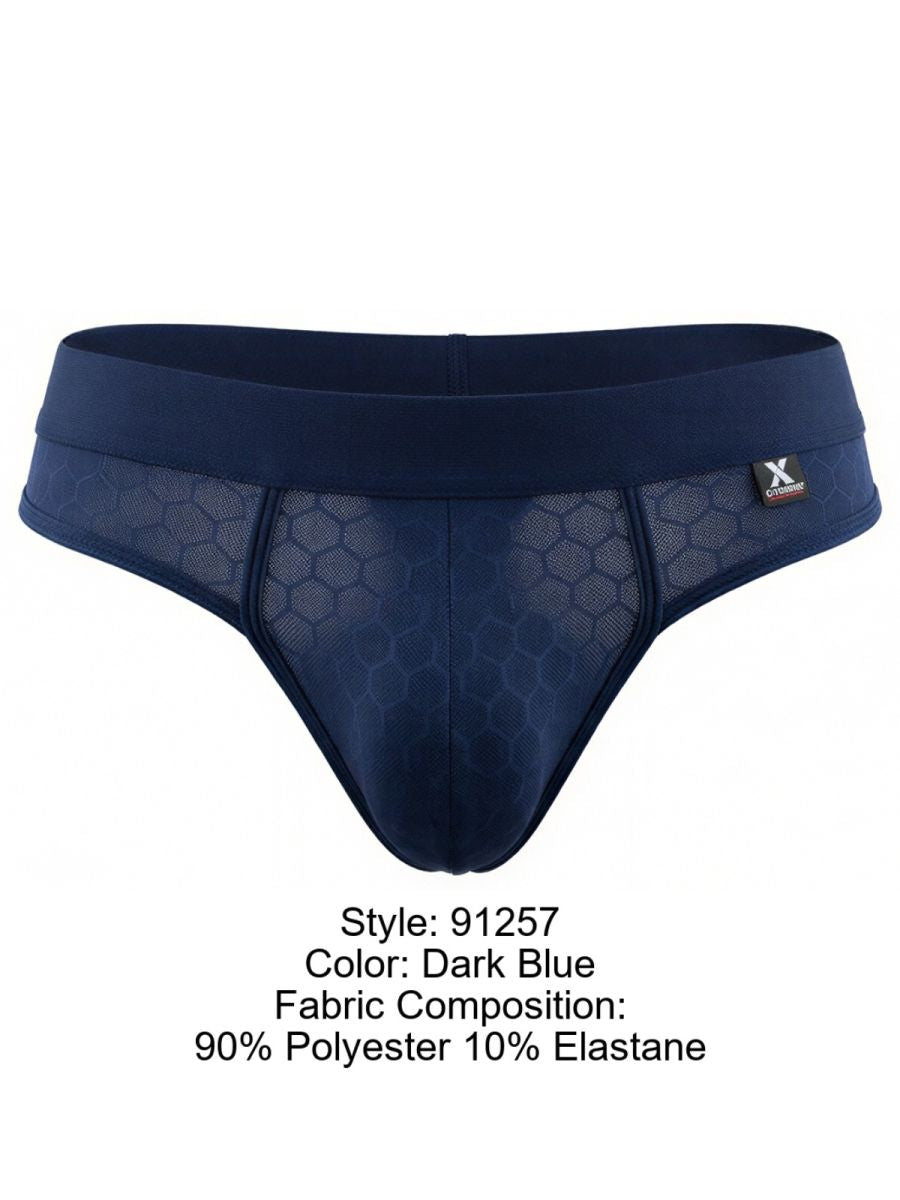 Xtremen 91257 dark blue brief in honeycomb-patterned polyester elastane mesh.