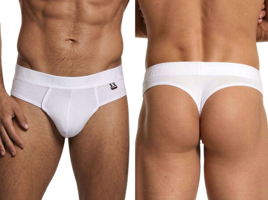 Xtremen white thong featuring textured mesh fabric, shown from front and back views. Style: 50854.