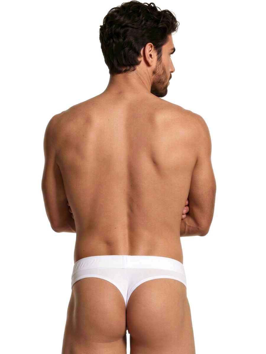 Xtremen men's white thong, model 90910. Smooth, lightweight fabric, back view.