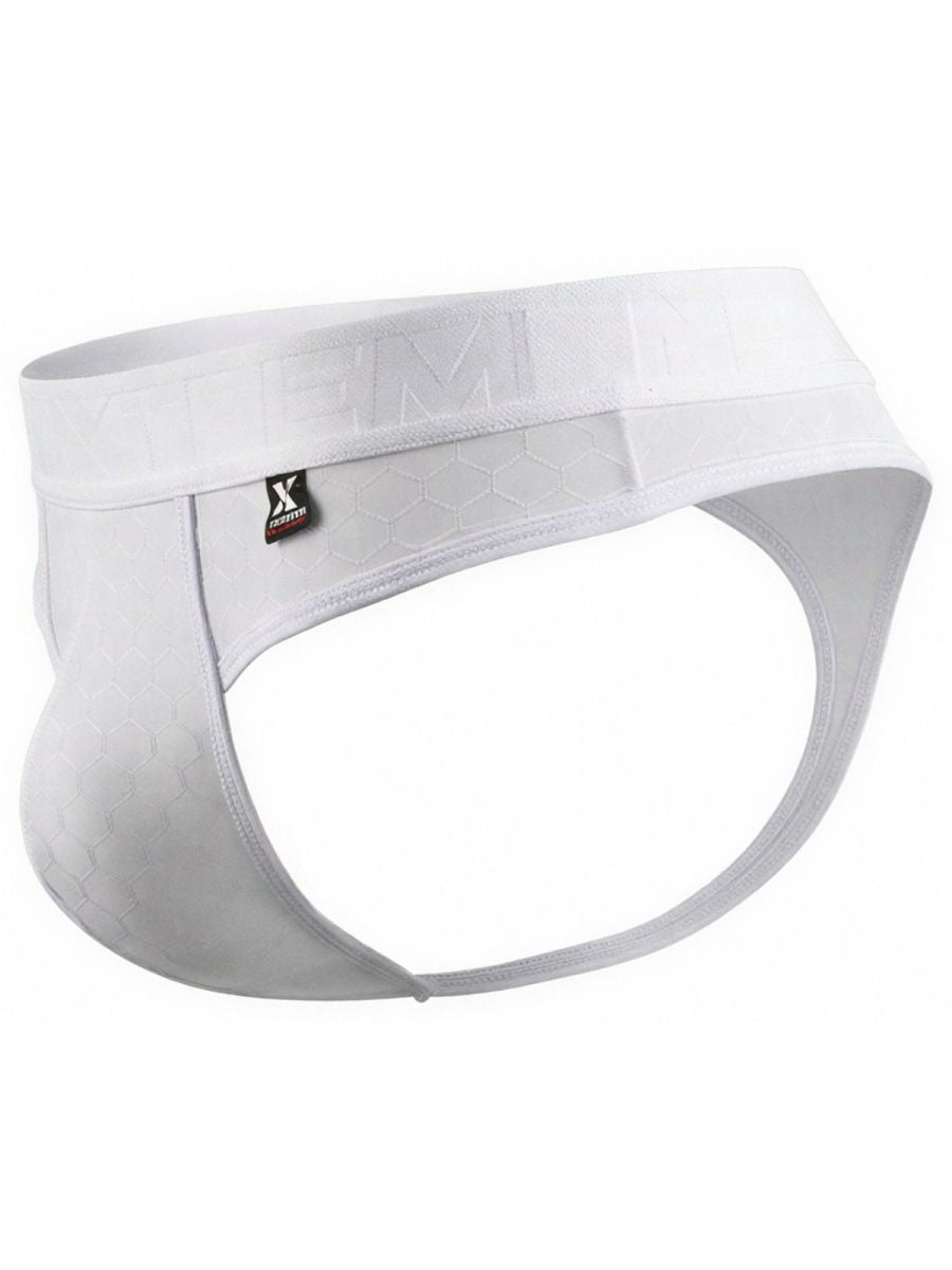 Xtremen white honeycomb-texture thong with branded elastic waistband.
