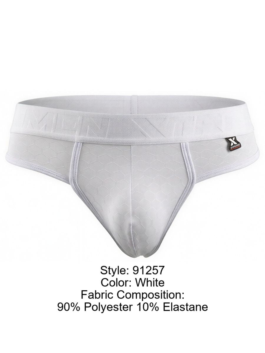 Xtremen 91257 white bikini brief in polyester-elastane with a textured honeycomb pattern.