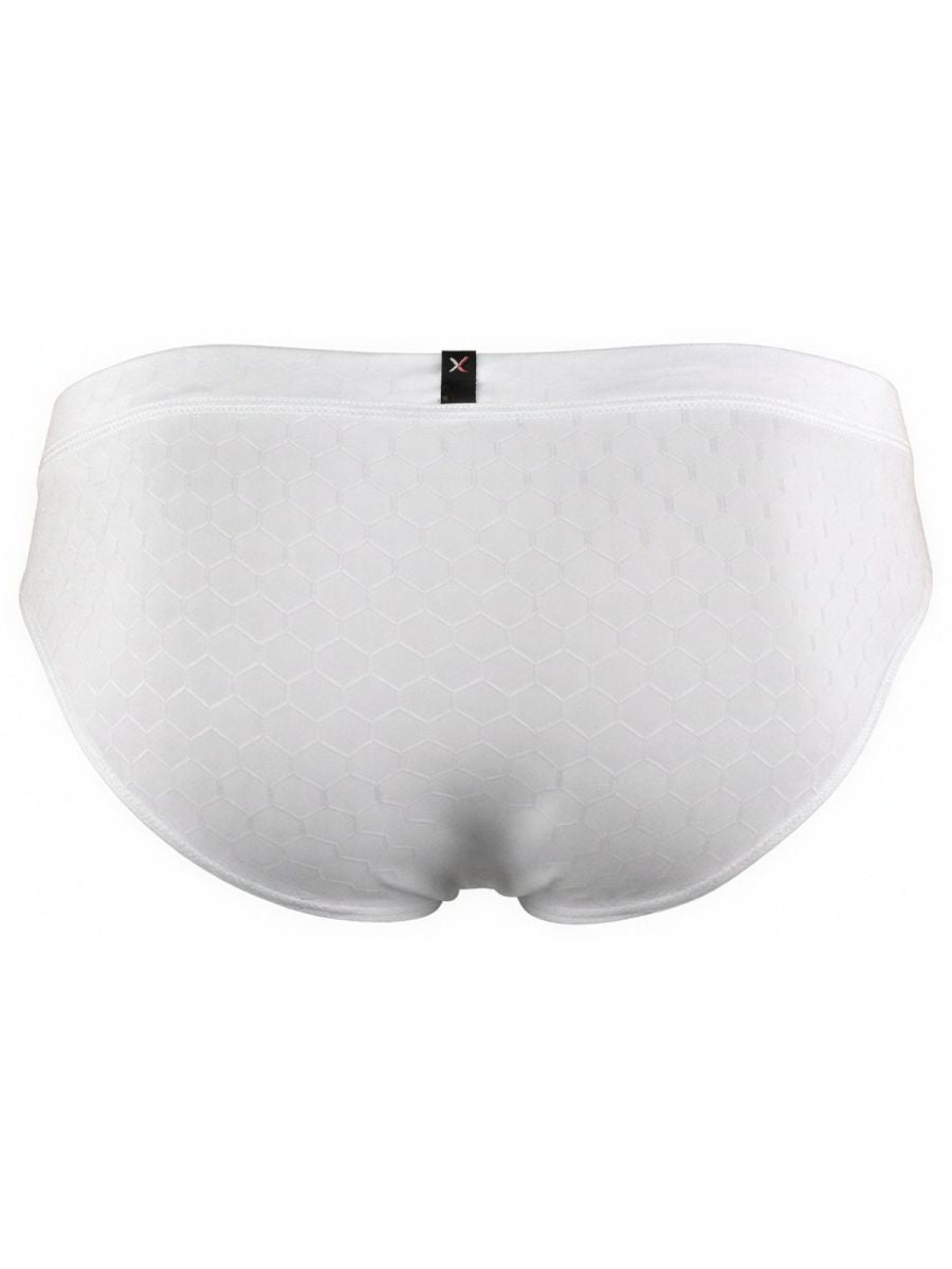 Xtremen white brief with textured honeycomb pattern and back logo tag. Back view.