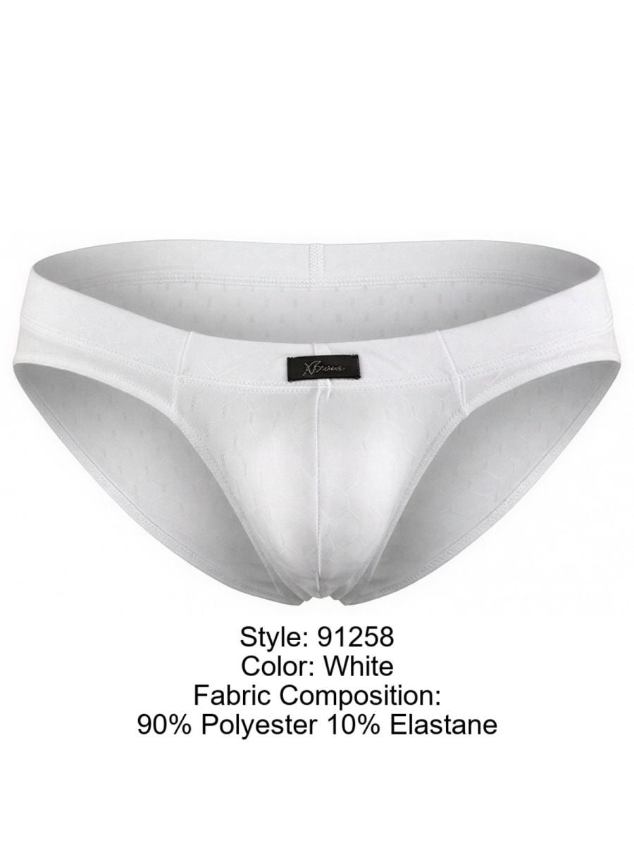 Xtremen men’s white brief, model 91258, made from 90% polyester and 10% elastane.
