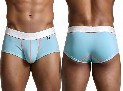 Light blue men's trunks with white waistband and orange contrast stitching, front and back views.