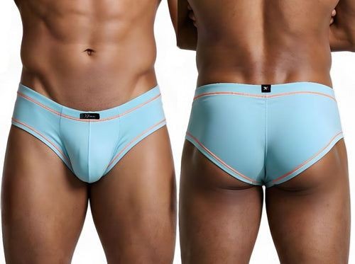 Front and back views of a man wearing light blue athletic briefs with orange contrast stitching.