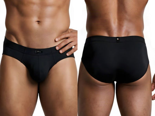 Front and back views of a man wearing black sleek-fit briefs with a small logo on the waistband.
