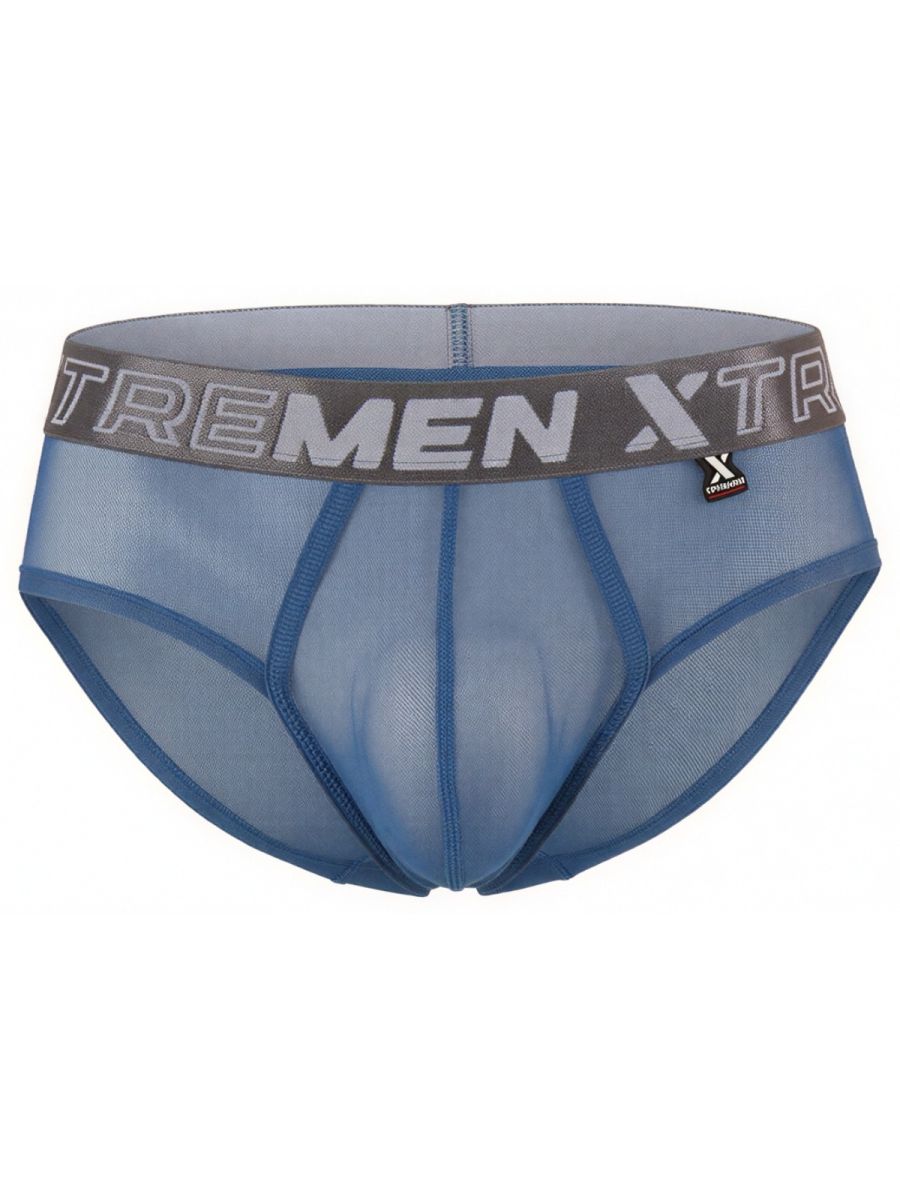 Xtremen blue mesh brief with branded grey elastic waistband. Sleek, sheer athletic underwear style.