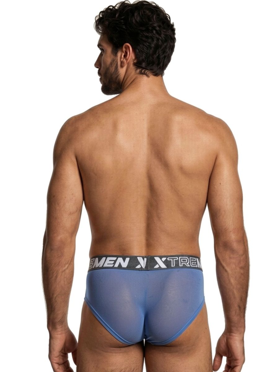 Xtremen blue sheer mesh brief with branded elastic waistband. Back view of male model.