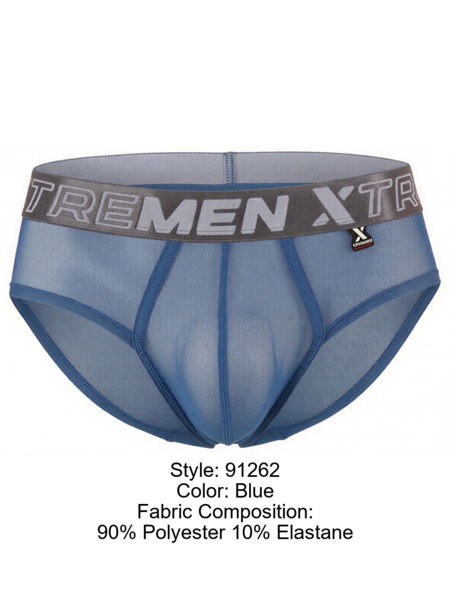 Xtremen blue mesh brief, style 91262. Polyester elastane blend with branded grey waistband.