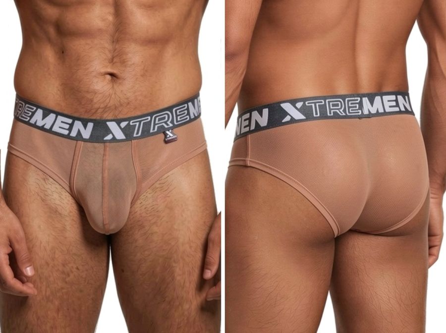Xtremen tan mesh bikini briefs with grey branded waistband. Front and back view of sheer, lightweight fabric.
