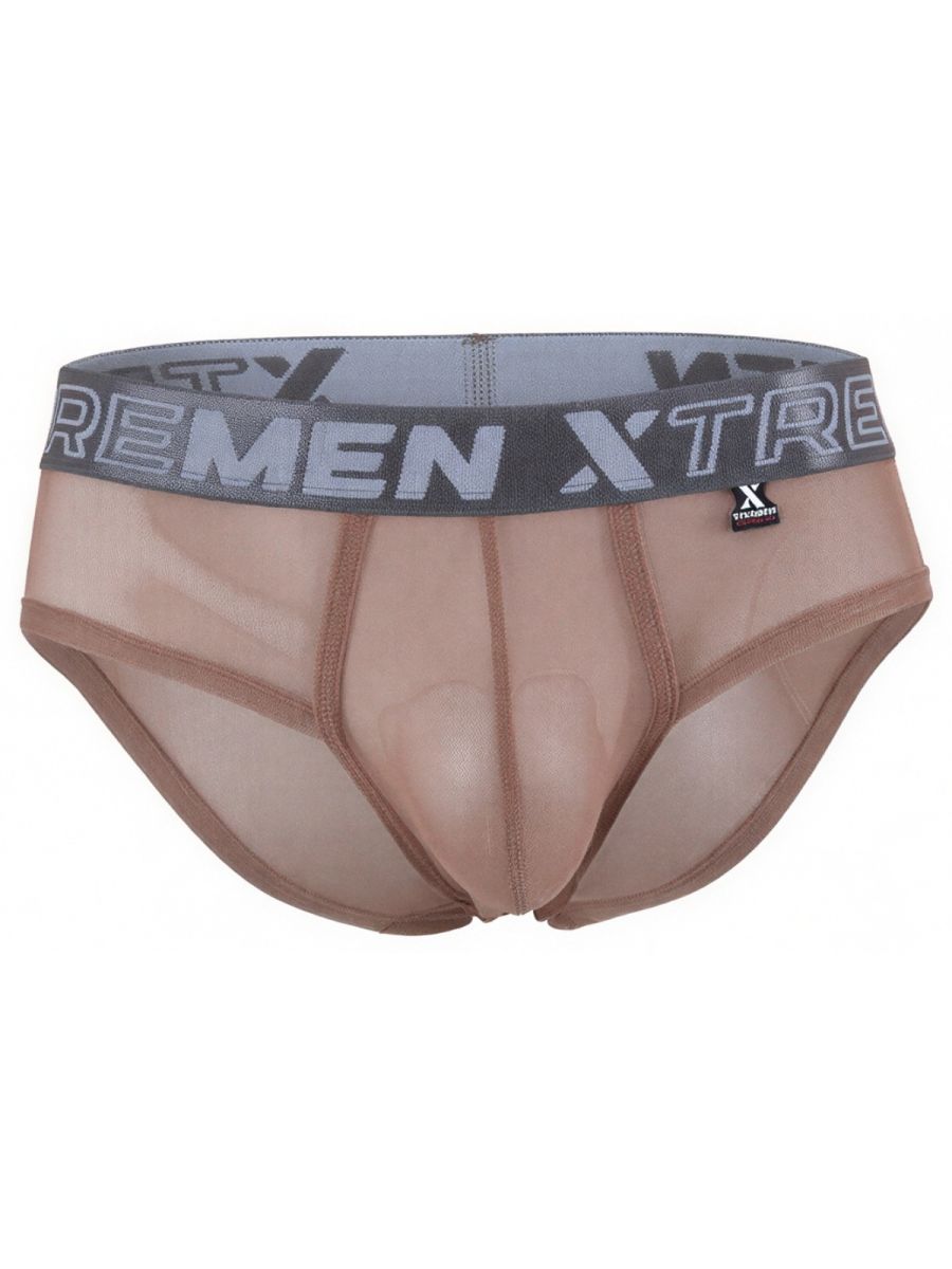 Xtremen sheer mesh brief in tan with grey logo waistband.