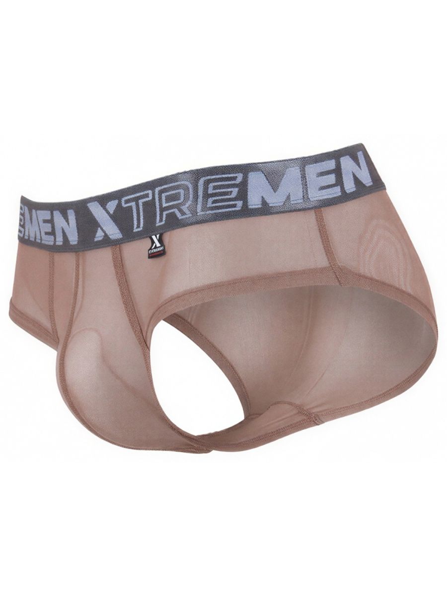 Xtremen sheer mesh jockstrap in beige with grey branded waistband. Comfortable, low-rise style.