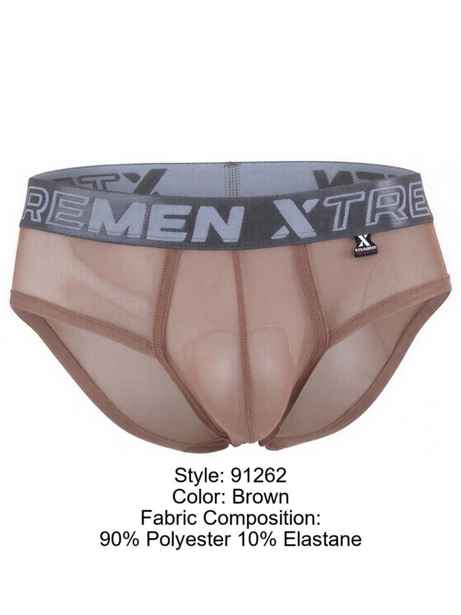 Xtremen 91262 brown mesh bikini briefs in polyester-elastane blend with branded grey waistband.