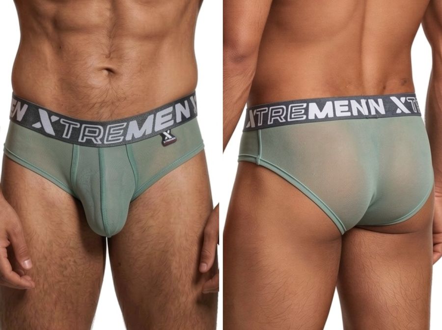 Xtremen mesh briefs in sage green with branded elastic waistband, shown from front and back views.
