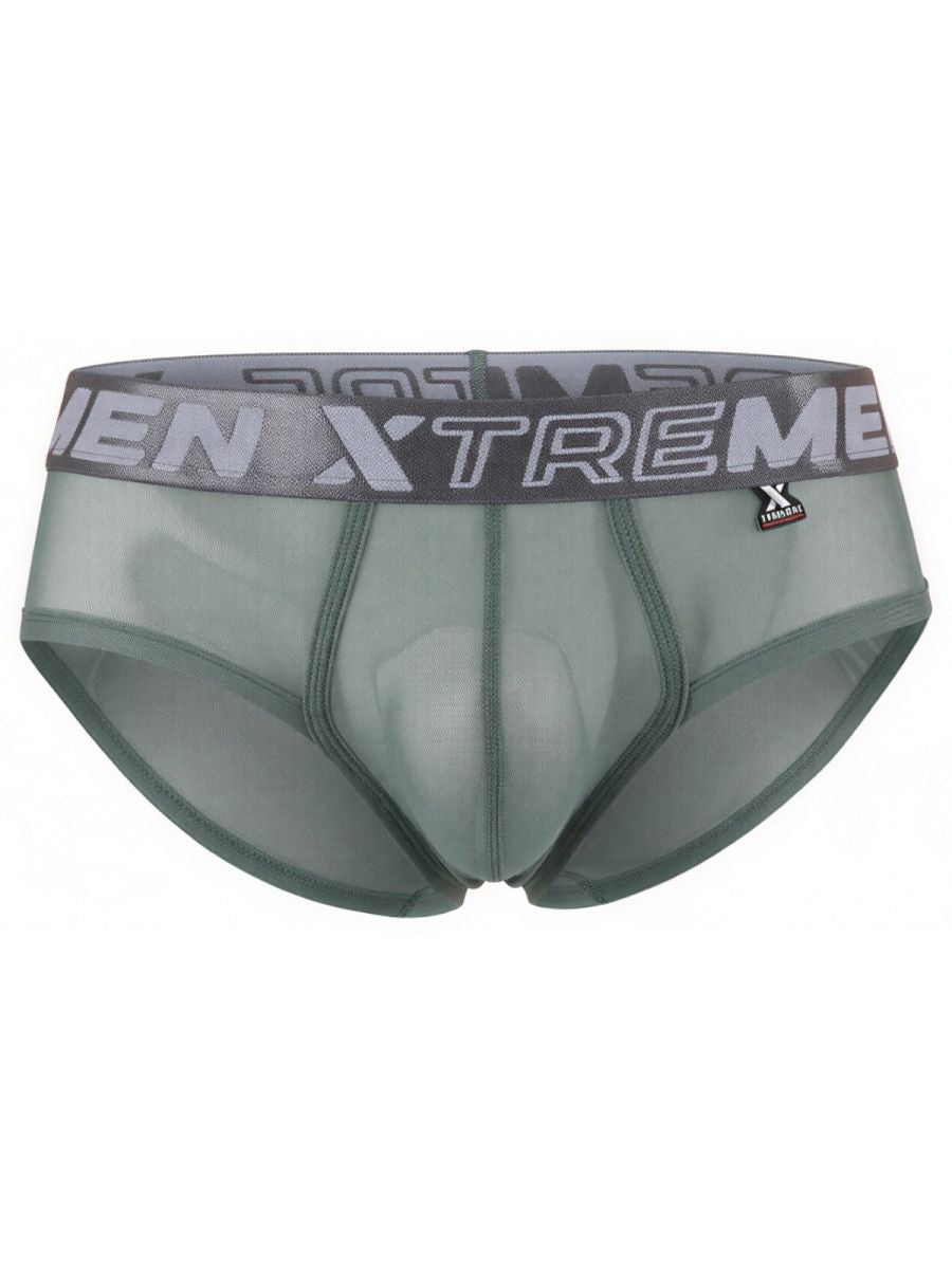Xtremen sheer mesh bikini briefs in sage green with branded elastic waistband. Model 22002.