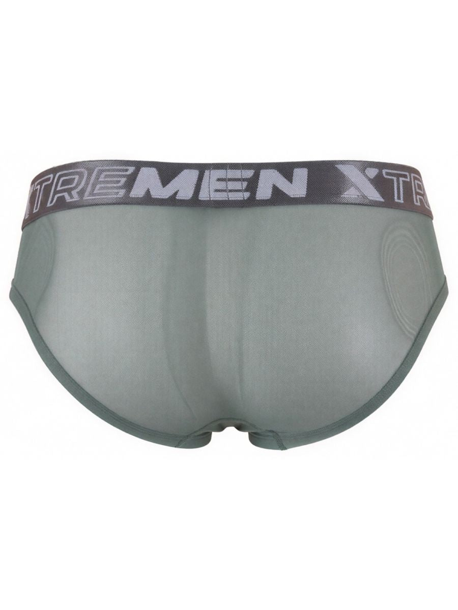 Xtremen sheer mesh brief in khaki with grey branded waistband. Rear view.