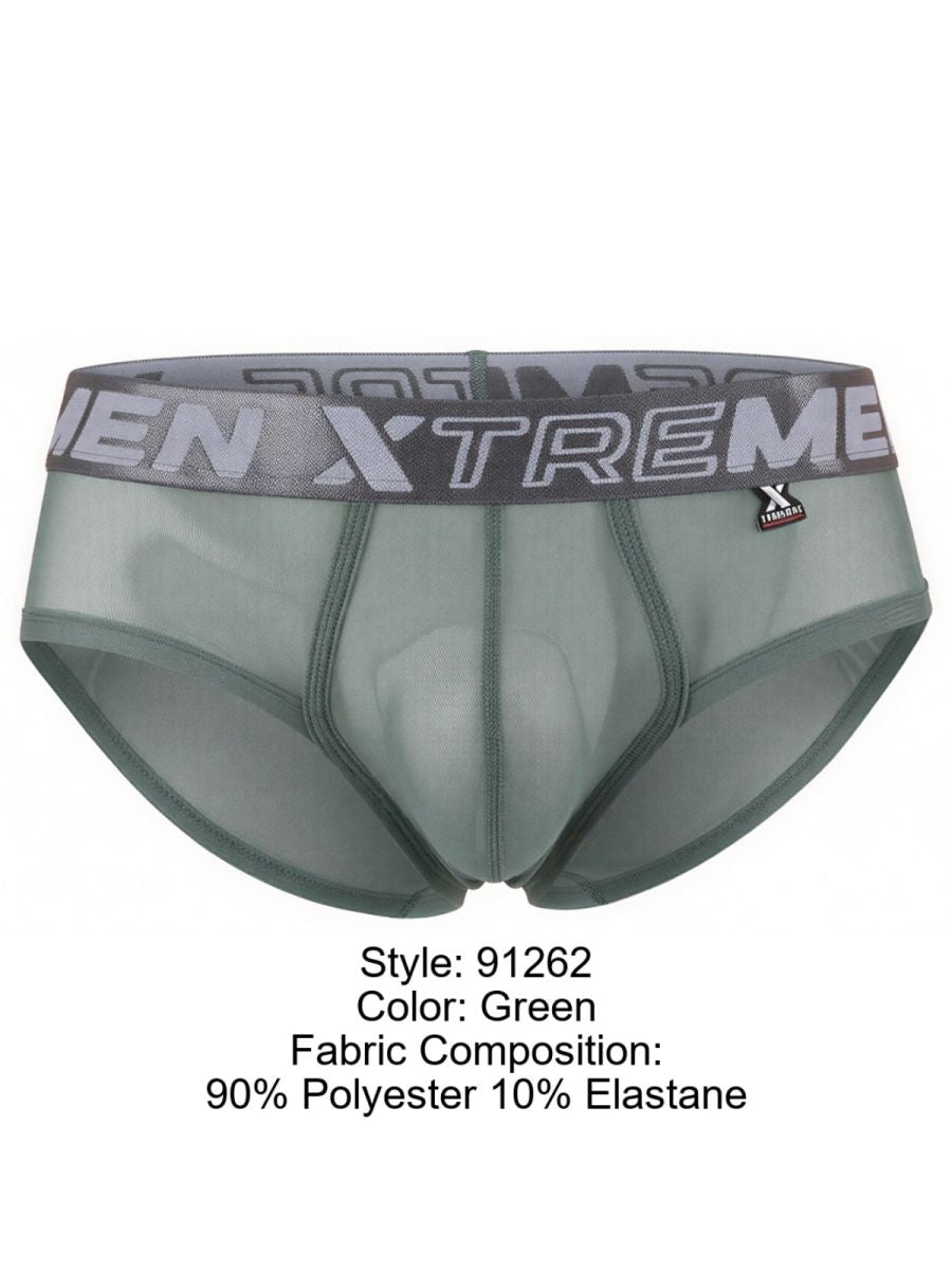 Xtremen 91262 green bikini briefs. Sheer polyester-elastane fabric with branded grey elastic waistband.