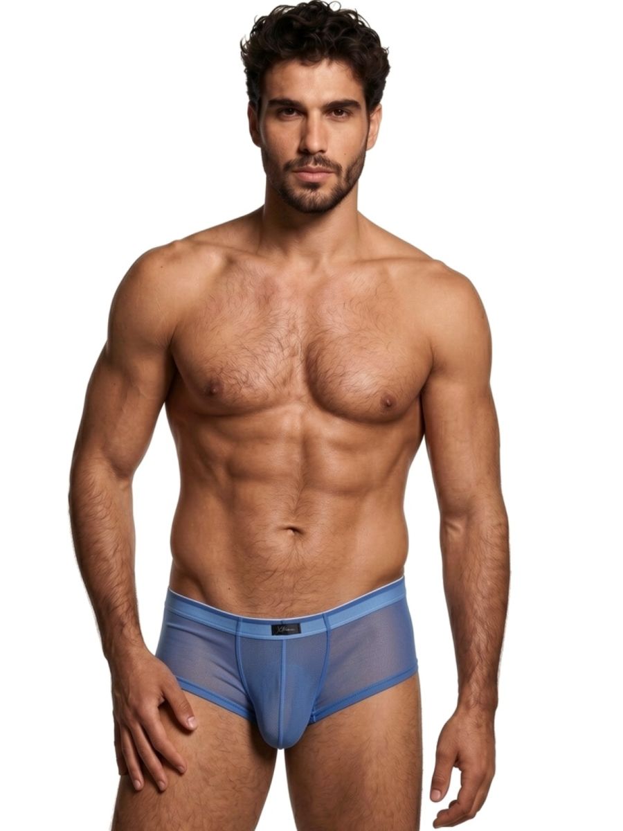Xtremen men’s blue sheer mesh bikini brief. Model 51630. Lightweight, breathable design with elasticised waistband.