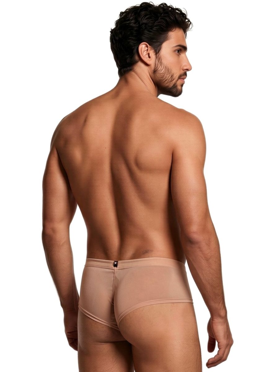Xtremen 98314 beige microfiber trunk. Rear view of a man wearing fitted, low-rise sheer trunk underwear.