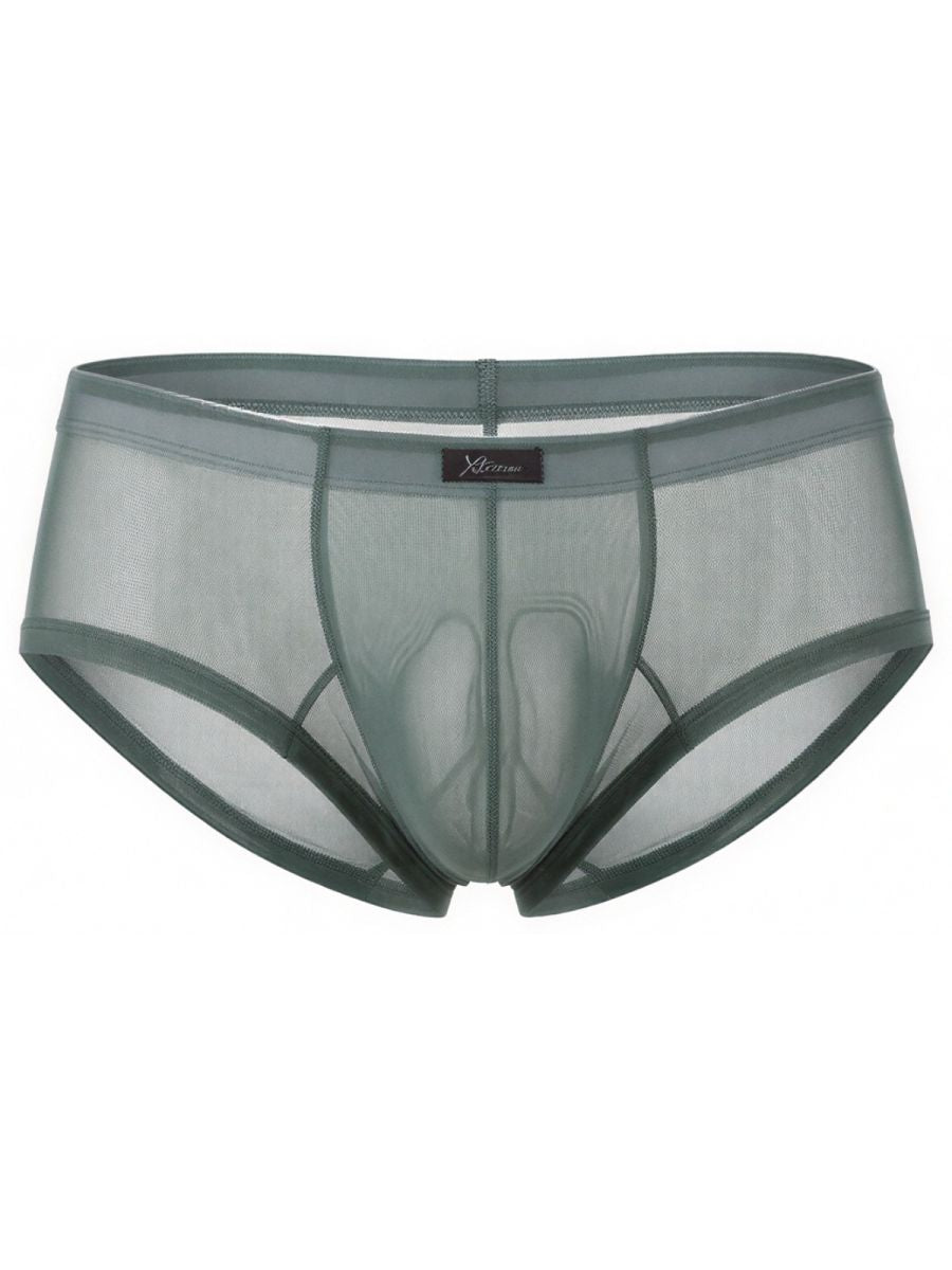 Xtremen sheer mesh bikini briefs in sage green. Lightweight, low-rise style with a branded centre tab.
