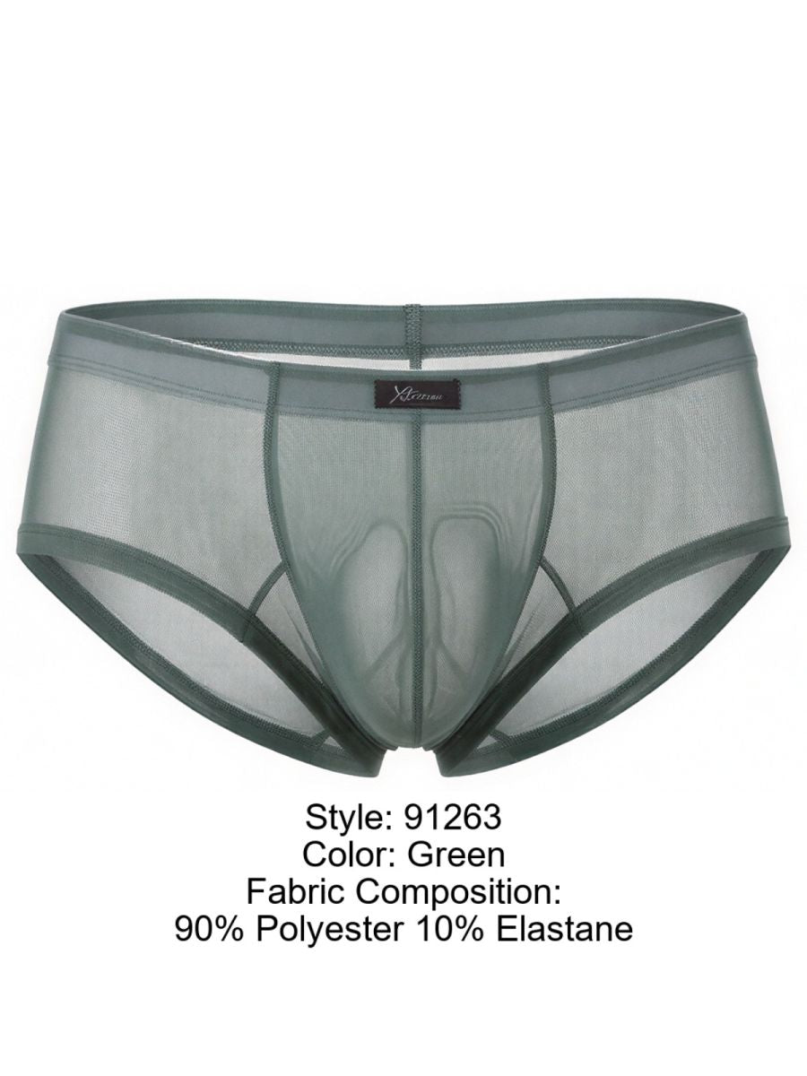 Xtremen 91263 green mesh brief. Sheer polyester/elastane blend. Minimalist, breathable design.