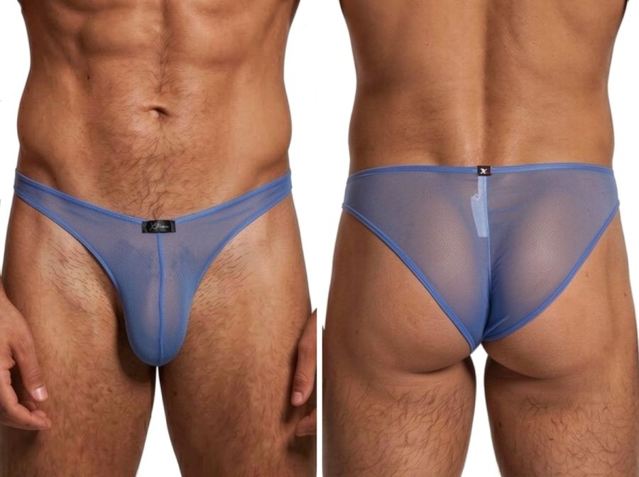 Xtremen blue mesh bikini brief. Front and back view of sheer, lightweight fabric. Perfect for a breathable fit.