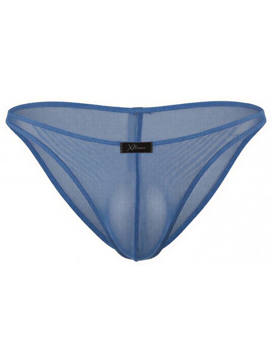 Xtremen blue mesh bikini brief. Lightweight, sheer fabric design with branded logo tab. Model: 92120.