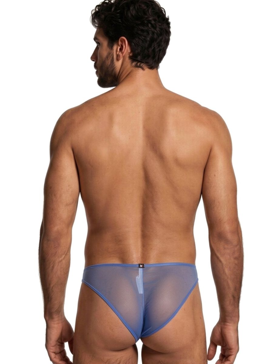 Xtremen mesh bikini brief in blue. Rear view of model wearing low-rise, semi-sheer athletic style underwear.