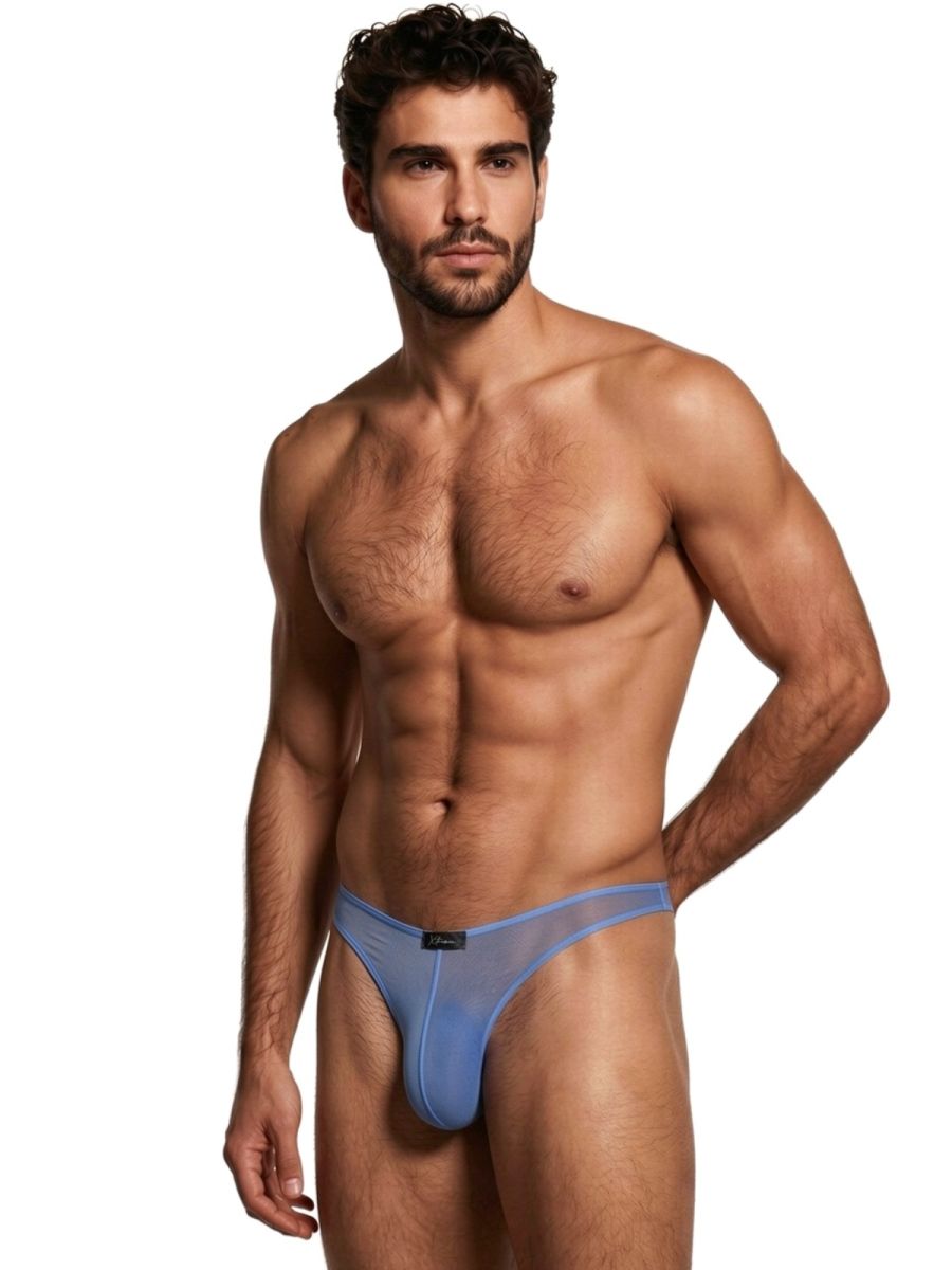 Xtremen sheer mesh thong in baby blue. Model 98150. Minimalist, high-cut style for a sleek, breathable fit.