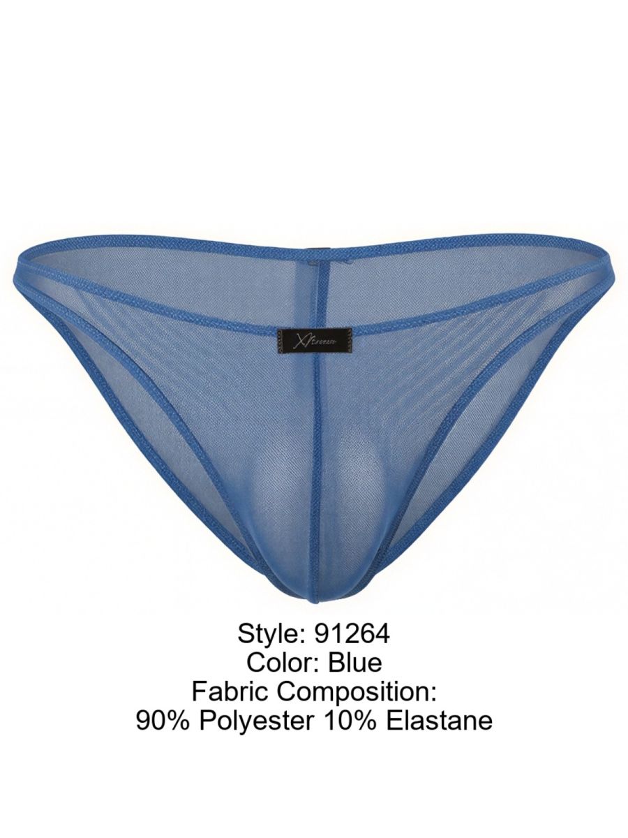 Xtremen 91264 blue mesh bikini brief in polyester-elastane blend. Sheer, lightweight fabric.