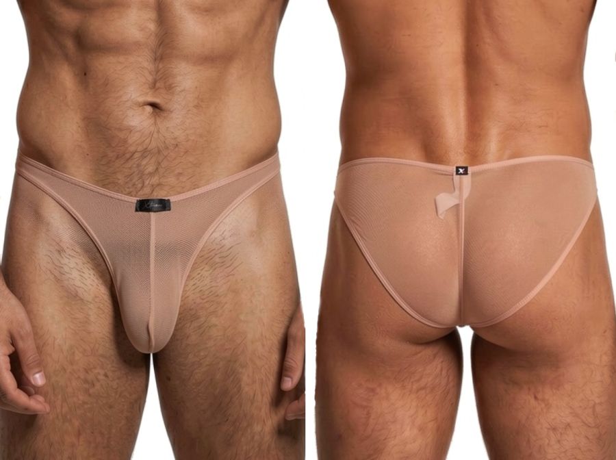 Xtremen beige mesh bikini brief. Sheer, lightweight fabric with front and rear views.