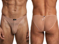 Xtremen beige mesh bikini brief. Sheer, lightweight fabric with front and rear views.