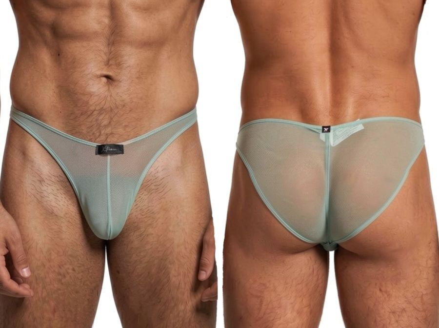 Xtremen men's sage green sheer mesh bikini briefs. Front and back view of the lightweight, see-through style.