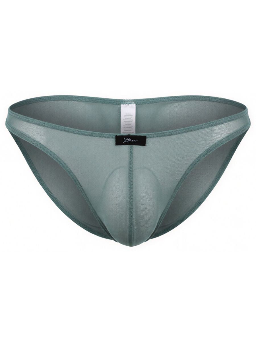 Xtremen sage green sheer mesh brief with contoured pouch. Model 93233.