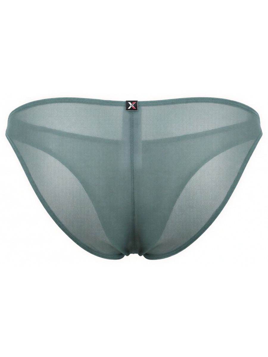 Xtremen sheer mesh bikini briefs in sage green. Back view featuring central brand tab.