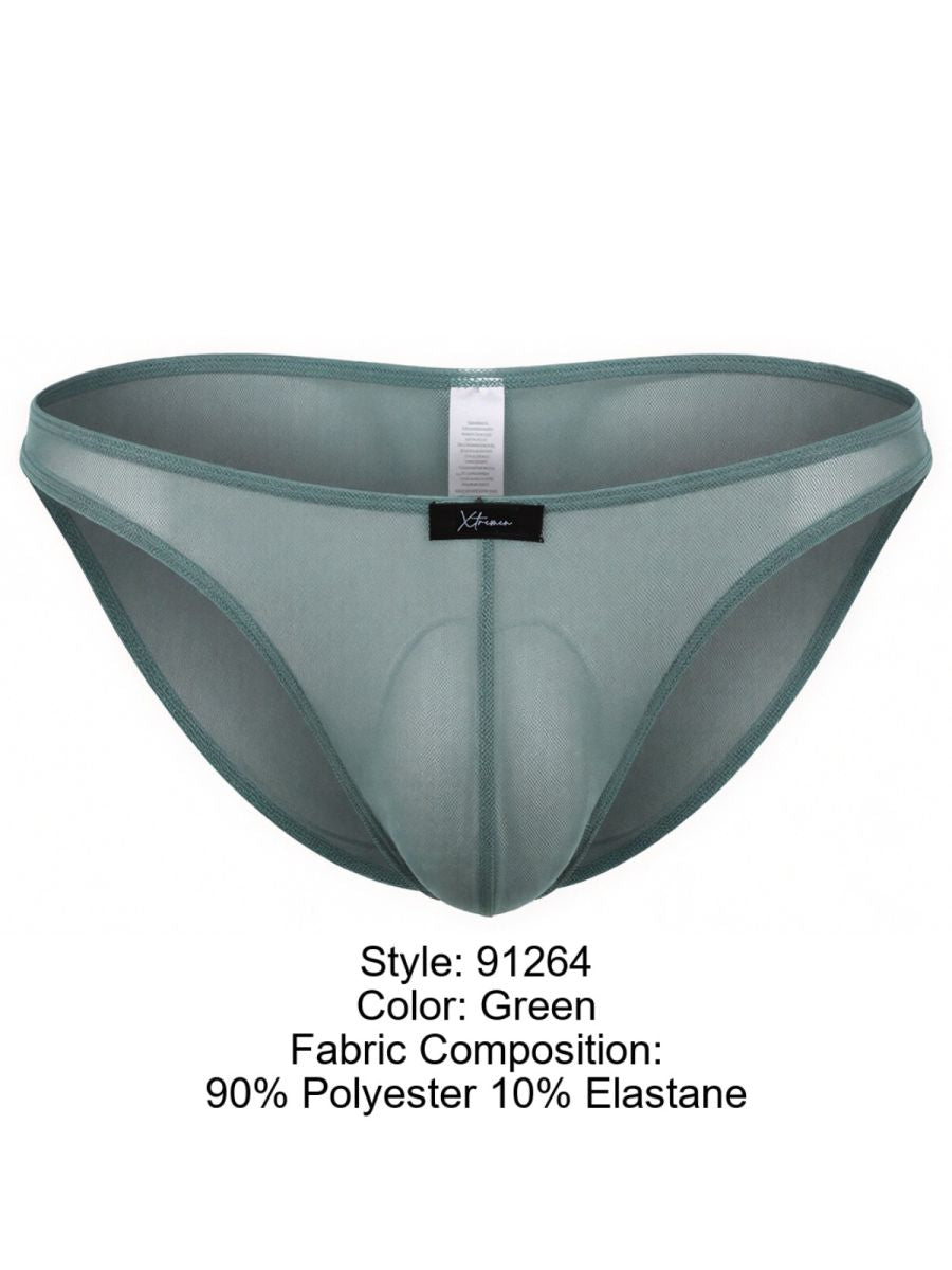 Xtremen men's green brief, style 91264. Sheer polyester and elastane fabric with a supportive pouch.