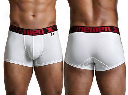 Front and rear views of a male model wearing white microfiber trunks with a black and red logo waistband.