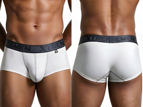 Front and back views of a man wearing white athletic briefs with a black branded waistband.