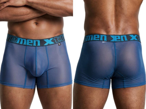 Blue mesh boxer briefs on a model, shown from front and back views.
